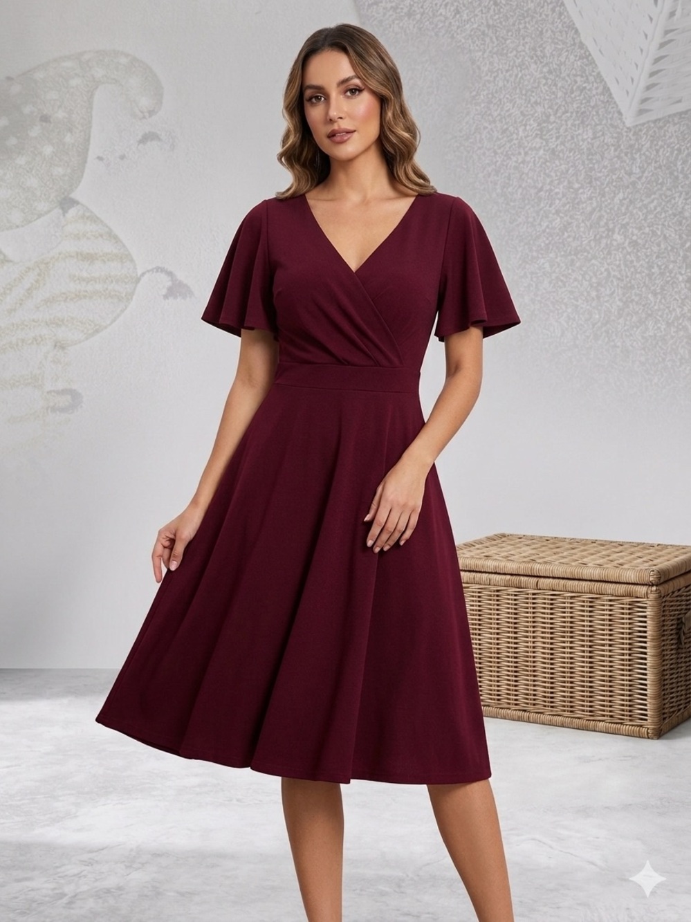 Elegant V-Neck A-Line Midi Dress in Burgundy